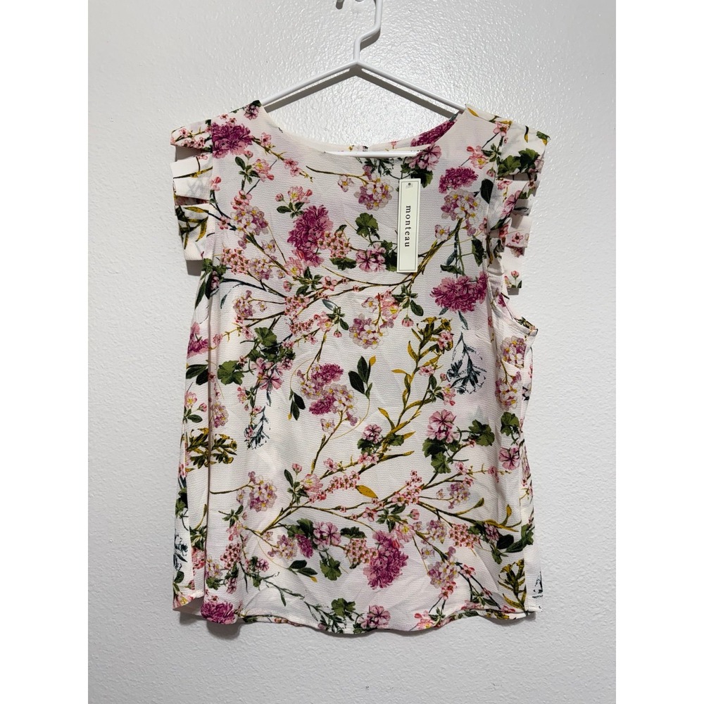 Monteau Los Angeles Women's Floral Flutter Sleeve Blouse Top XL